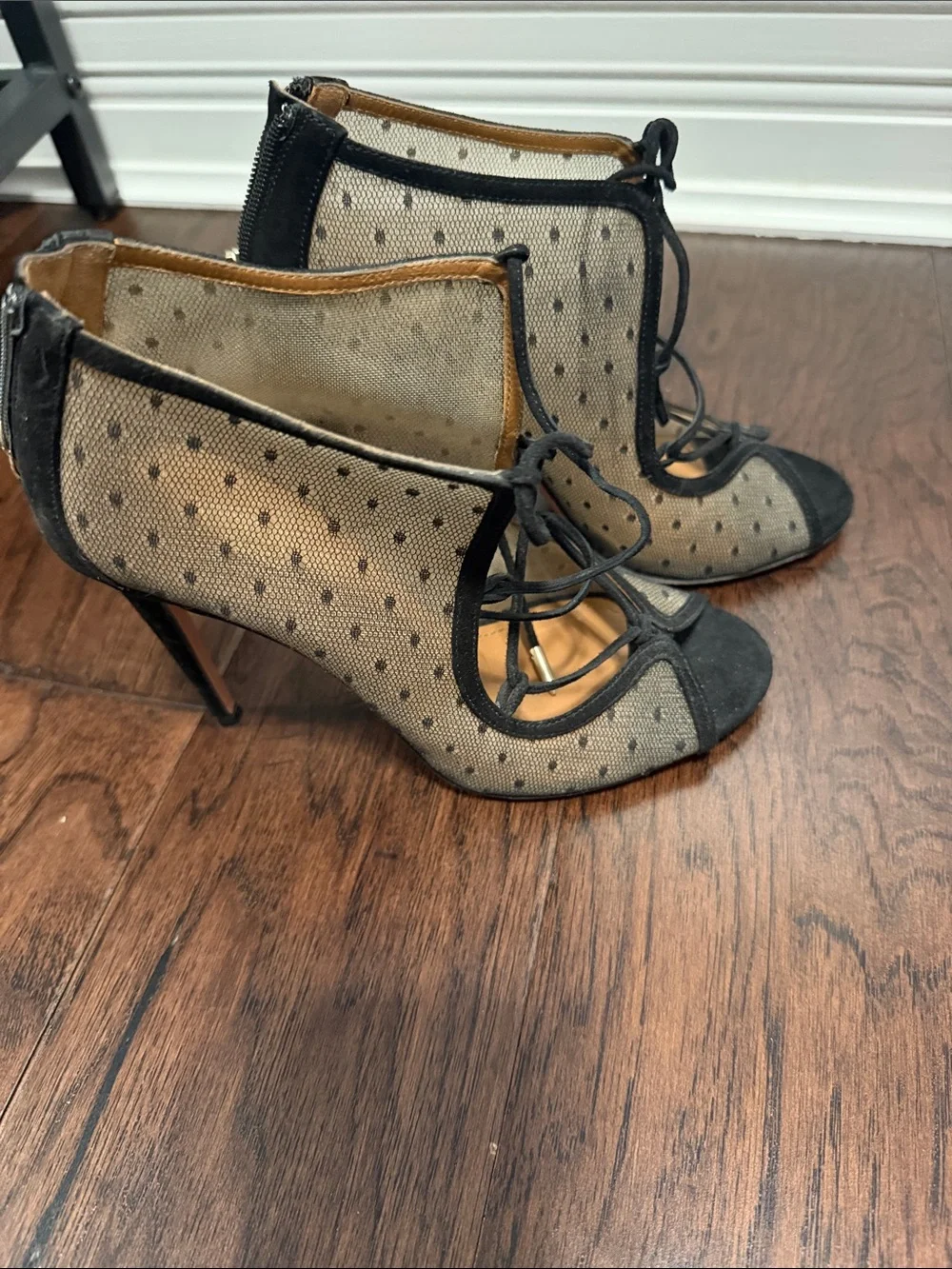 Aquazzura Black Sheer Polka Dot Lace-Up Peep-Toe Stiletto Booties